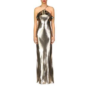 RODARTE GOLD LAMÉ HALTER GOWN WITH RUFFLE DETAIL US 2 $2760